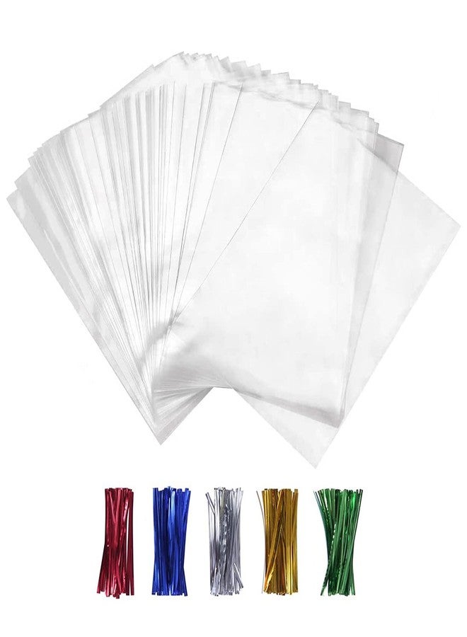 XLSFPY 100PCS Cellophane Bags Clear Plastic Cello Bags 4x6 with 4" Twist Ties 5 Mix Colors - 1.4 mils Thick OPP Treat Bags for Gift Wrapping Packaging Decorations Storage (4'' x 6'') - Image 1